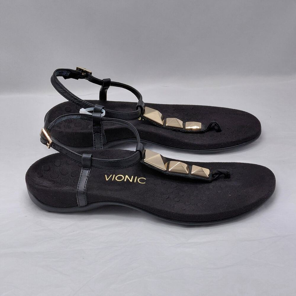 Vionic Womens Thong Sandals Size 9 Black Gold Studded T Strap Comfort Shoes